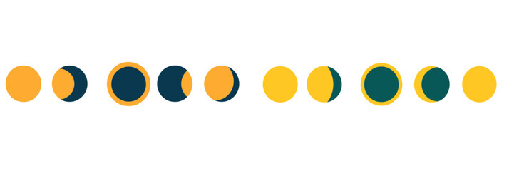 Phases of the moon illustrated in a simple and colorful graphic design during the night sky