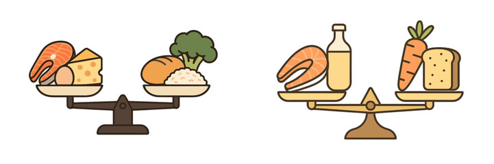 Balancing nutritious foods through illustrations of healthy meal choices on scales at a wellness market