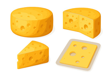 Various forms of yellow cheese displayed on a white background, showcasing texture and shape differences in a savory arrangement