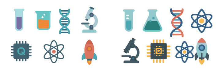 Colorful science icons representing research, experimentation, and technology in various fields