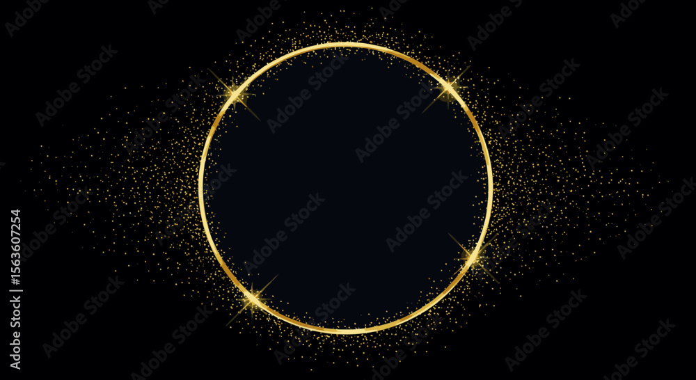 Poster elegant golden circle frame with sparkling dust particles on dark background
