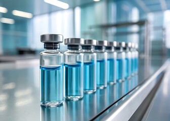 Row of sterile glass vials filled with blue liquid in a modern laboratory setting