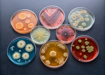 Fototapeta premium Collection of colorful petri dishes with diverse microbial cultures and bacterial colonies
