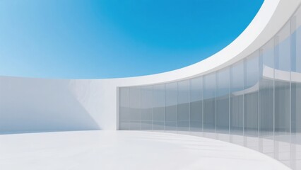 Obraz premium Modern Architectural Structure with Curved White Walls and Glass Panels Under a Clear Blue Sky