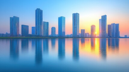 Fototapeta premium Skyline at sunset with reflections on the water