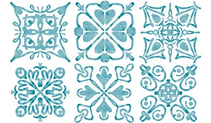 six tiles with blue watercolor patterns	