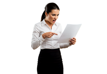 A businesswoman pointing angrily at a document on transparent background 