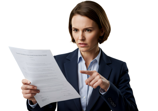 A businesswoman pointing angrily at a document on transparent background
