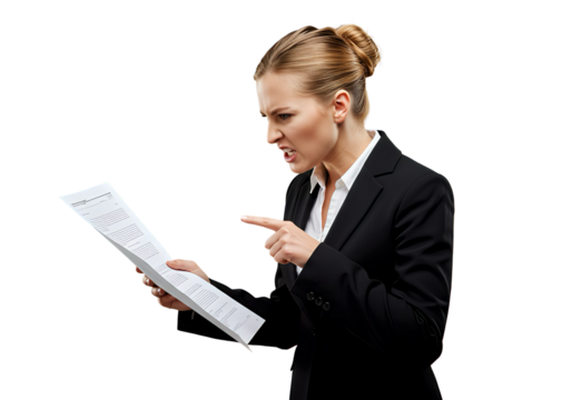 A businesswoman pointing angrily at a document on transparent background