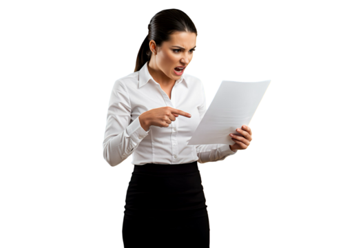 A businesswoman pointing angrily at a document on transparent background 