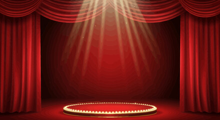 Dramatic red stage with spotlight illuminating a circular platform and curtains