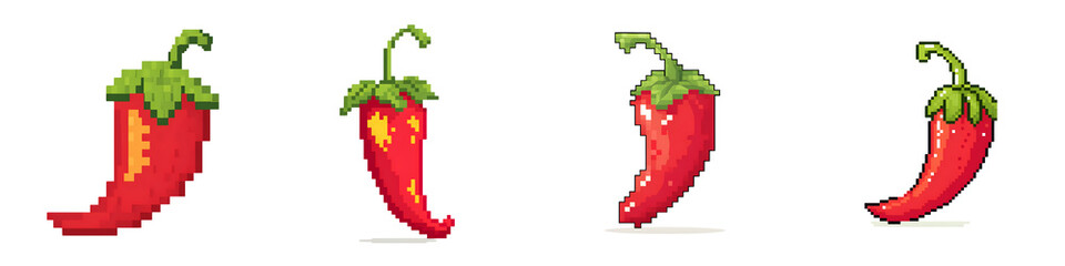 Fototapeta premium Pixel Art Red Chili Pepper Set - Retro Gaming Style