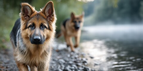 Two German Shepherds exploring a serene riverside in the early morning light with mist rising from the water