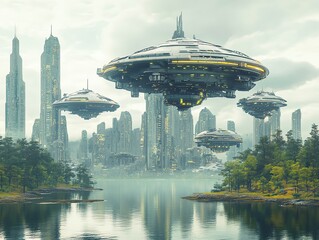 Futuristic Cityscape with Flying Saucers over Water