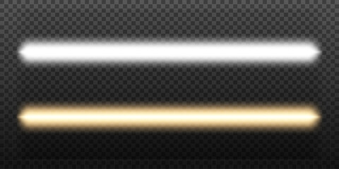 Laser and luminous neon light sticks. Neon led light tubes. Fluorescent white and yellow glowing. Vector illustration on transparent background
