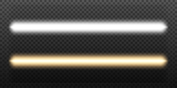 Laser and luminous neon light sticks. Neon led light tubes. Fluorescent white and yellow glowing. Vector illustration on transparent background