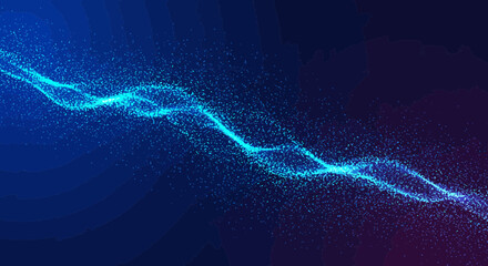 Fototapeta premium Abstract wave of glowing particles in deep blue and purple gradient background