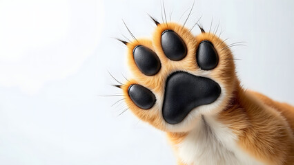 Fototapeta premium Close up of realistic dog paw with black pads and orange fur pressing on glass surface, showing fine details and soft texture