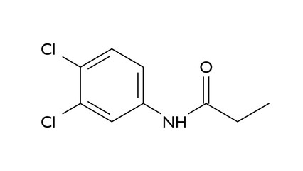 propanil molecule, structural chemical formula, ball-and-stick model, isolated image herbicide
