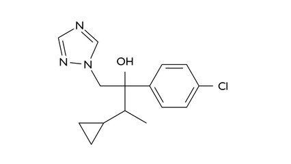 cyproconazole molecule, structural chemical formula, ball-and-stick model, isolated image fungicide