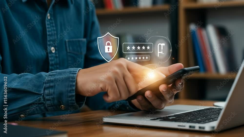 Poster data security on mobile: man in blue shirt enters password on smartphone with shield icon in modern 