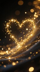 Golden Heart Sparkling with Light Trails on Dark Background