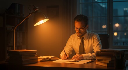 Focused scholar diligently works late into the night, illuminated by a warm desk lamp, surrounded by stacks of books in a dimly lit study.