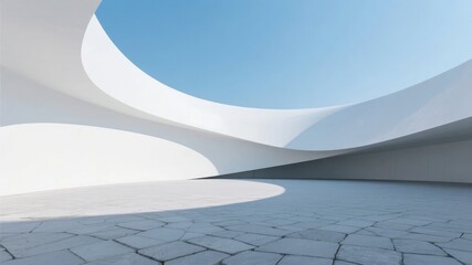 Modern Architectural Space with Curved White Walls and Blue Sky
