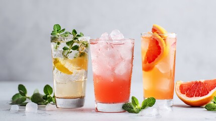 A variety of fruit and vanilla glass beverages, including lemonade, grapefruit juice, sweet honey tea, rosemary sprigs, and mint leaves, showcase gastronomic elegance on a light gray background.