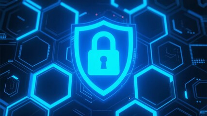 Digital security icon with a padlock surrounded by hexagonal patterns in blue tones