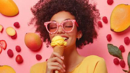 Smiling woman enjoying ice cream with vibrant fruit background