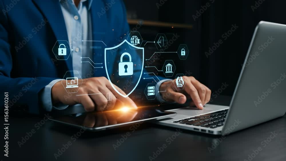 Poster cybersecurity professional enhances data protection using laptop and tablet with security shield vis