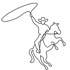 Cowboy lassoing on rearing horse rodeo western