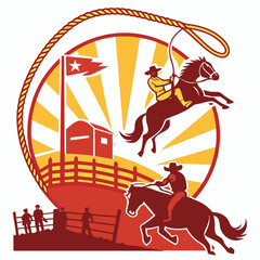 Obraz premium Cowboys on horses with lasso and barn rodeo