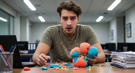 Stressed young man explodes colorful clay, overwhelmed by work pressure in office setting.