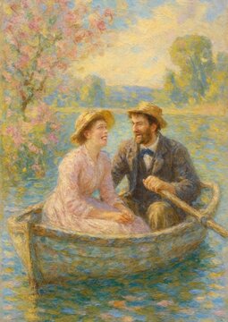 Romantic impressionist couple boating
