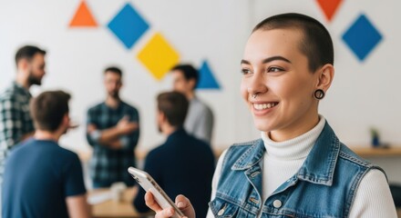 A young woman smiling while holding a phone in a modern office with colleagues in the background