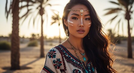 Portrait of a Beautiful Woman with Tribal Inspired Makeup and Jewelry in a Desert Oasis