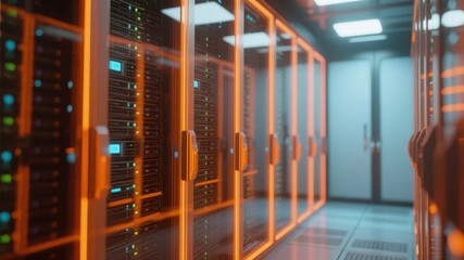 Modern Data Center with Illuminated Server Racks