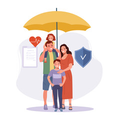 Concept illustration of family medical insurance. Family with children under an umbrella. Vector illustration.