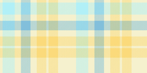 Seamless plaid pattern in soft yellow and blue tones with diagonal stripes. Geometric checkered design for fabric, wallpaper, or digital backgrounds. Vector repeatable textile texture.