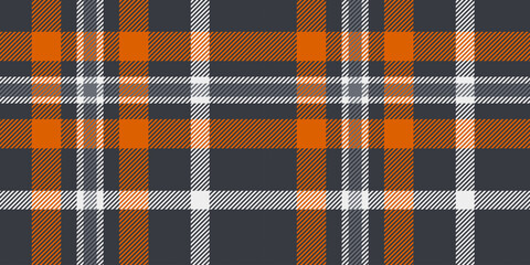 Seamless dark gray, orange, and white tartan plaid pattern with bold diagonal stripes. Geometric checkered design for fabric, wallpaper, or digital backgrounds. Vector repeatable textile texture.