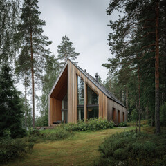Fototapeta premium Minimalist Scandinavian House with Wooden Facade: Modern Architecture