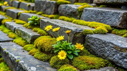 Yellow flowers grow between mossy stones on steps