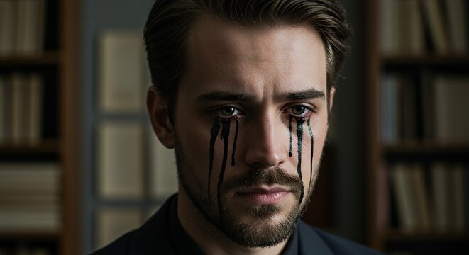 Man with dark, teardrop-like streaks on his face, sits in a dimly lit room, expressing profound sorrow.