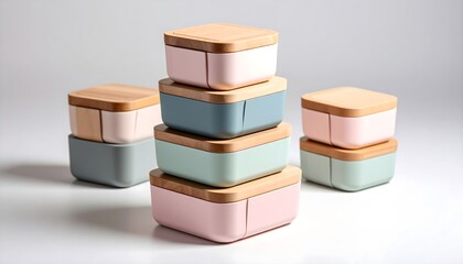 Isometric stack of matte pastel food containers with wooden lids 
