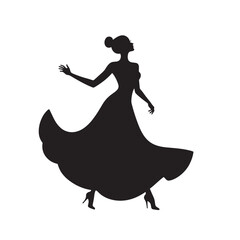Black Silhouette Vector of Woman Dancing Gracefully with Flowing Dress in Celebration Scene on White Background Full HD
