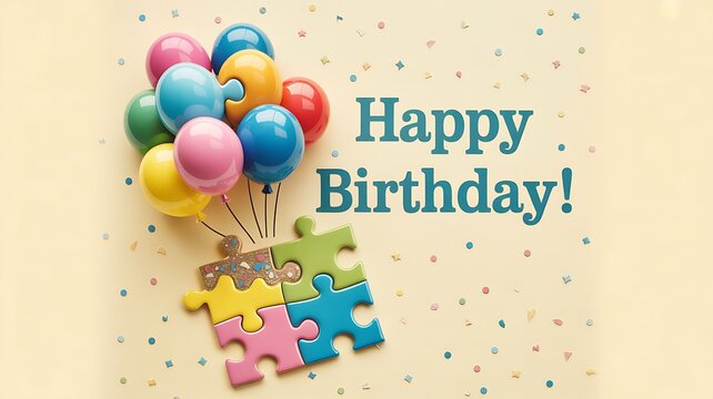 Colorful happy birthday balloons and puzzle pieces with confetti on pastel background