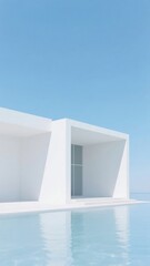 Modern White Structure with Reflective Pool Against Clear Sky