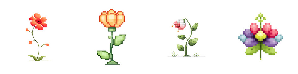 Fototapeta premium Pixel Art Flower Set - 8-bit Retro Game Style
